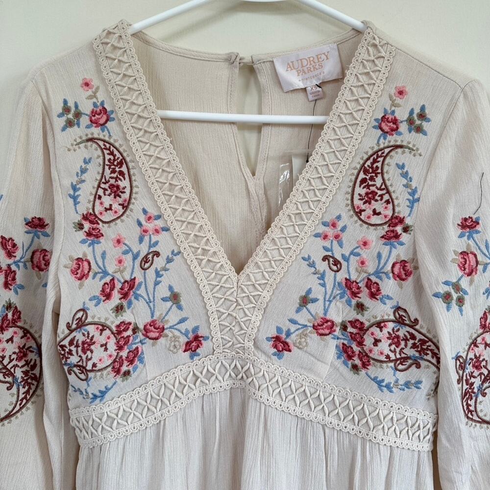 Audrey Parks Francescas Boho Norah Dress XS Floral Embroidered A Line 3/4 Sleeve - Picture 3 of 13
